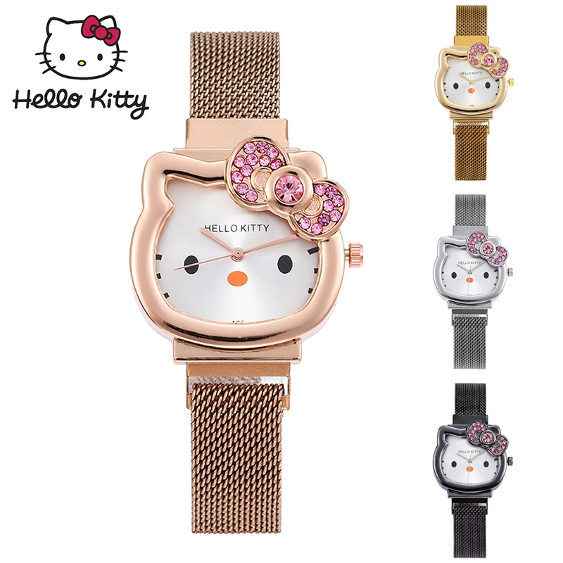 Sanrio Hello Kitty Diamond Watch Cat Bow Kawaii Pink Ladies Gold Sliver Metal Jewelry Cartoon Magnetic Watch Girlfriend Birthday