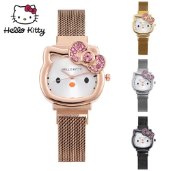 Sanrio Hello Kitty Diamond Watch Cat Bow Kawaii Pink Ladies Gold Sliver Metal Jewelry Cartoon Magnetic Watch Girlfriend Birthday