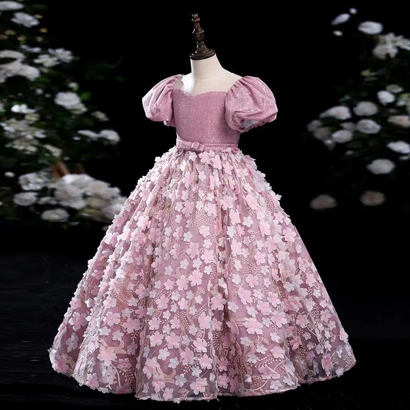 Children\'s Dress 2023 Spring New Girls Fluffy Piano Performance Dress Flower Girl Host Elegant Catwalk Show Evening Dress