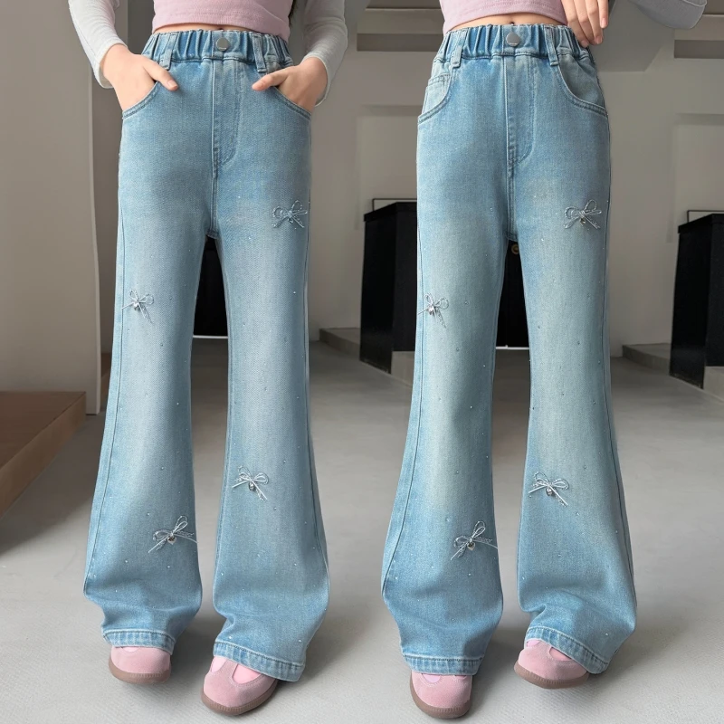 Girls Flare Jeans 6‑14Y Rhinestone Bow Denim Pants Elastic Waist Light Wash Bootcut Trousers Kids Spring Autumn Casual
