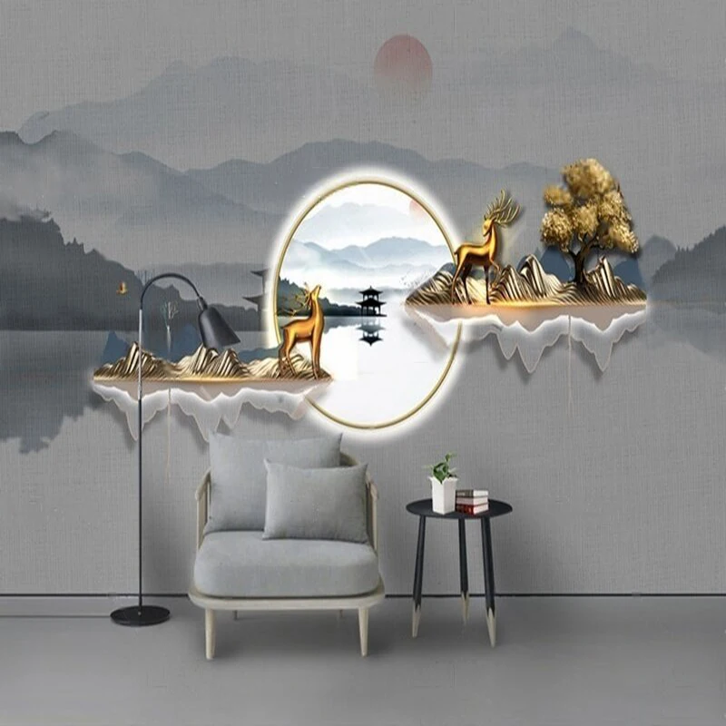 New Chinese-style three-dimensional Zen-inspired Golden Deer and Jinshan landscape painting decoration TV luxurious home bedroom