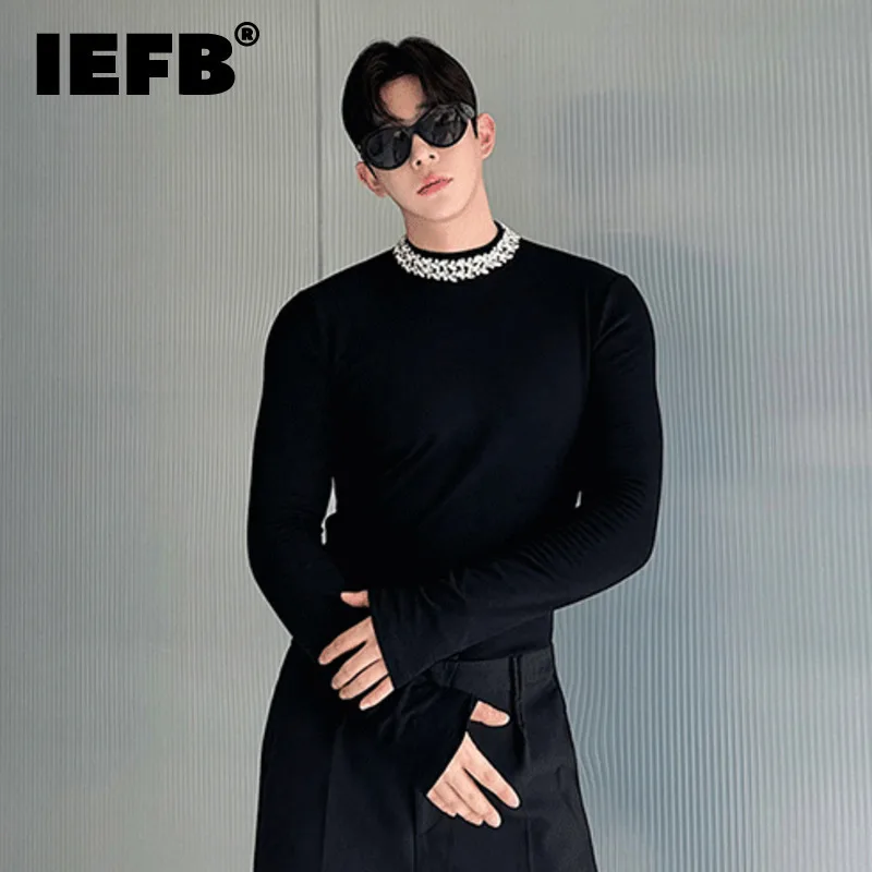 IEFB Autumn Winter Design Korean New Chic Male T-shirt Long Sleeve Stand Collar Versatile Nail Drill Personality Top 9C7140