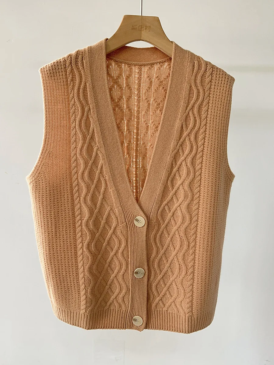 Winsleter-100% Wool Elegant Vest Sweater, V Neck Buttons, Women Fashion Commute Loose Knit Cardigan Vest, 2025 Autumn T59662CC