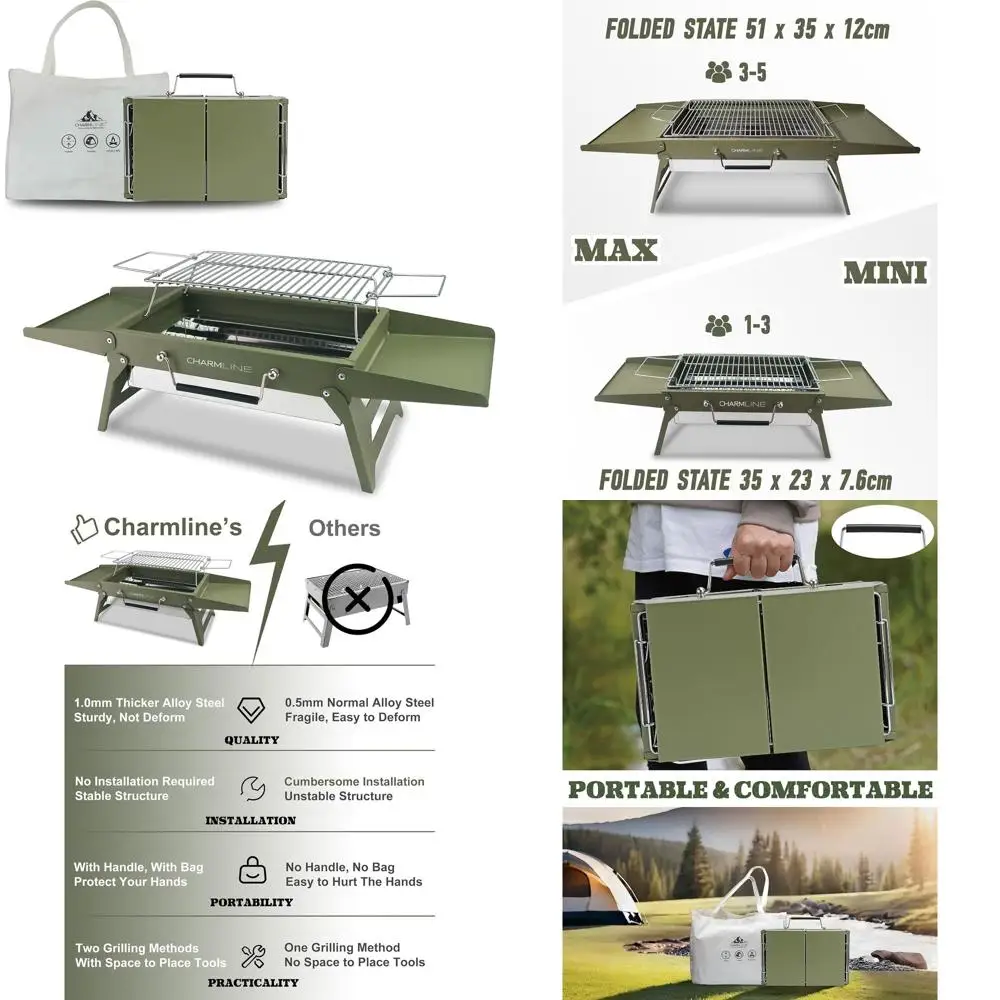 

Compact 14x9 Charcoal Grill for Outdoor Adventures, Ideal for Picnics, Beaches, and Garden Parties in Green