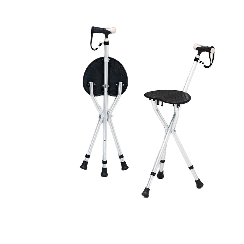 

Wholesale Aluminum Alloy Elderly Walking Stick Cane Non-Slip Telescopic Portable Three-Legged Folding Stool Dual-Use