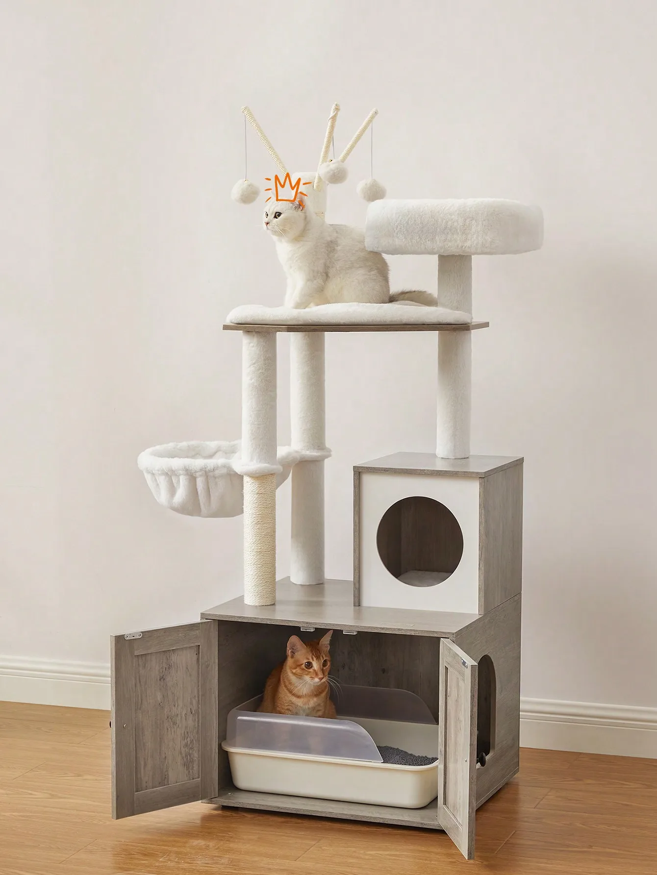 Feandrea WoodyWonders Cat Tree: Modern 2-in-1 Tower with Litter Box, Scratching Posts, Pompom Sticks, Washable Cushions, Greige.