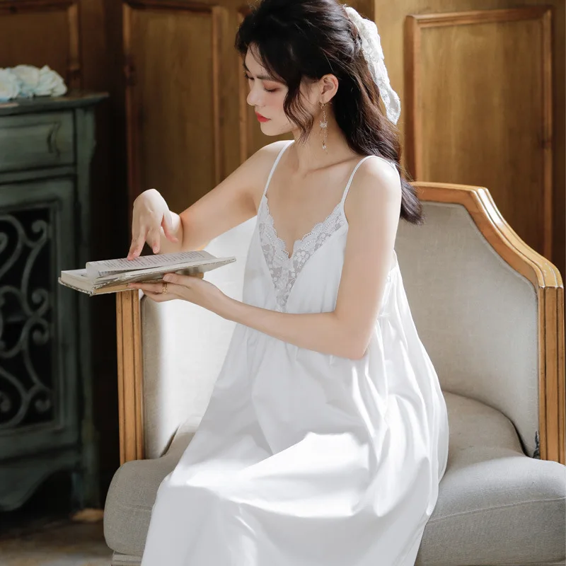 Sexy Lace Cotton Night Dress Women Sleeveless Fairy Blue V Neck Sleepwear Princess Nightwear Embroidery Vintage Mini Nightgowns