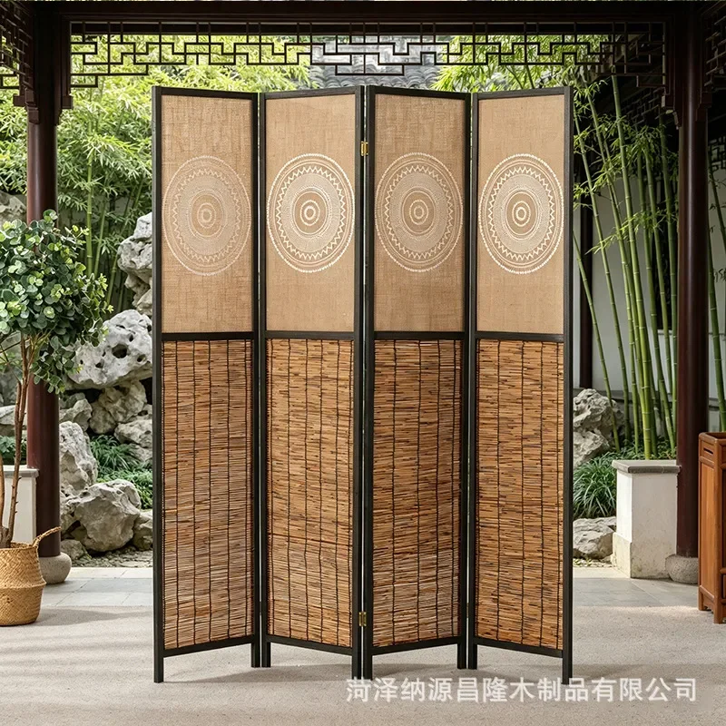 Solid Wood Bamboo Folding Screen Room Divider Portable Partition for Living Room Entrance Hotel Business Simple Wall