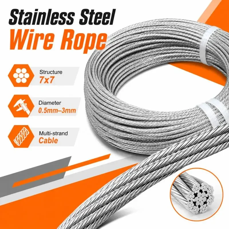 Stainlesss Steel Wire Rope Lifting Cable Clothesline Fixed Fences Staircase Armrest Rope Diameter 0.5~3mm
