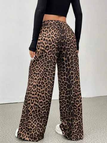 Women Leopard Print Wide Leg Pants Elastic High Waist Loose Casual Trousers Streetwear Y2K Fashion Long Palazzo Pants