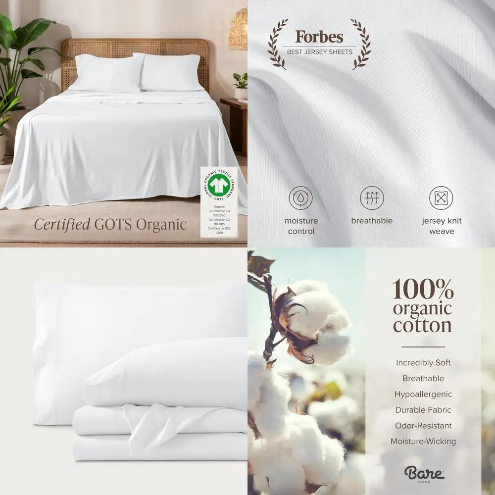 

Pure Cotton Jersey Queen Sheet Set with Pillowcases, Luxuriously Soft, Deep Pocket White Bedding