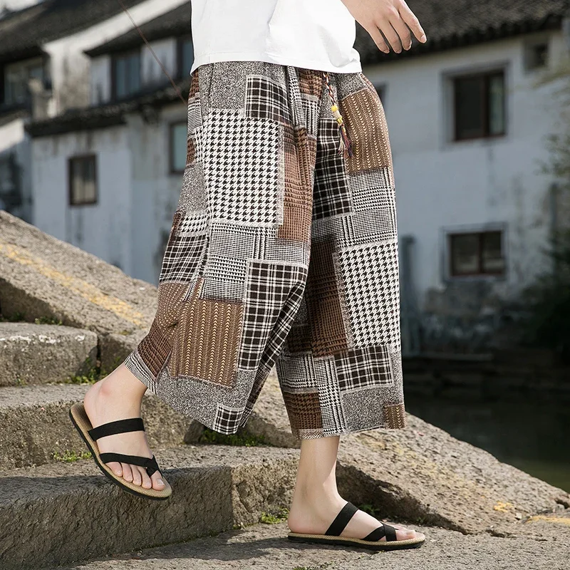 Summer Men's Harem Pants Japanese Samurai Jogging Plaid Trousers Man's Haori Loose Hip Hop Harajuku Casual Ethnic Wide Leg Pants