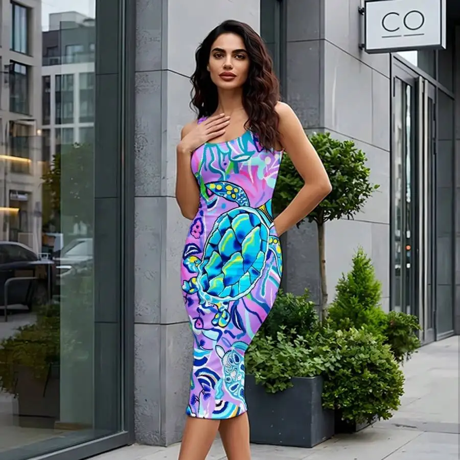 

Womens Bodycon Turtle Print Sleeveless Knee Length Dress Summer Beach Vacation