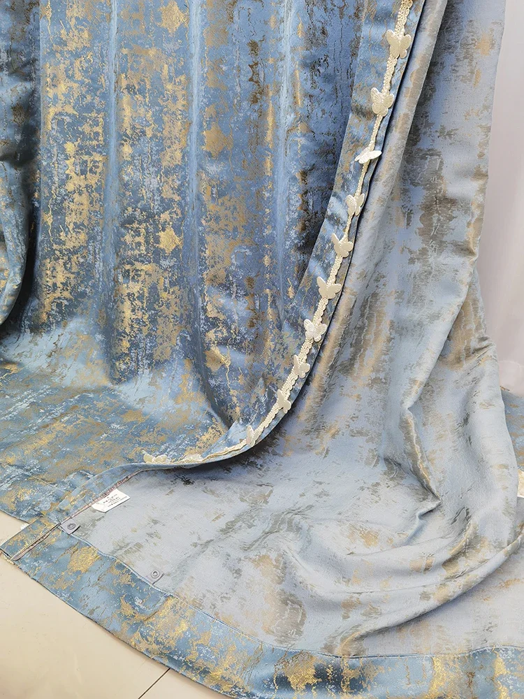 Blue Gold Filigree Jacquard Gilt Lace Thickened Curtains For Living Room Bedroom French Window Balcony Window Customization