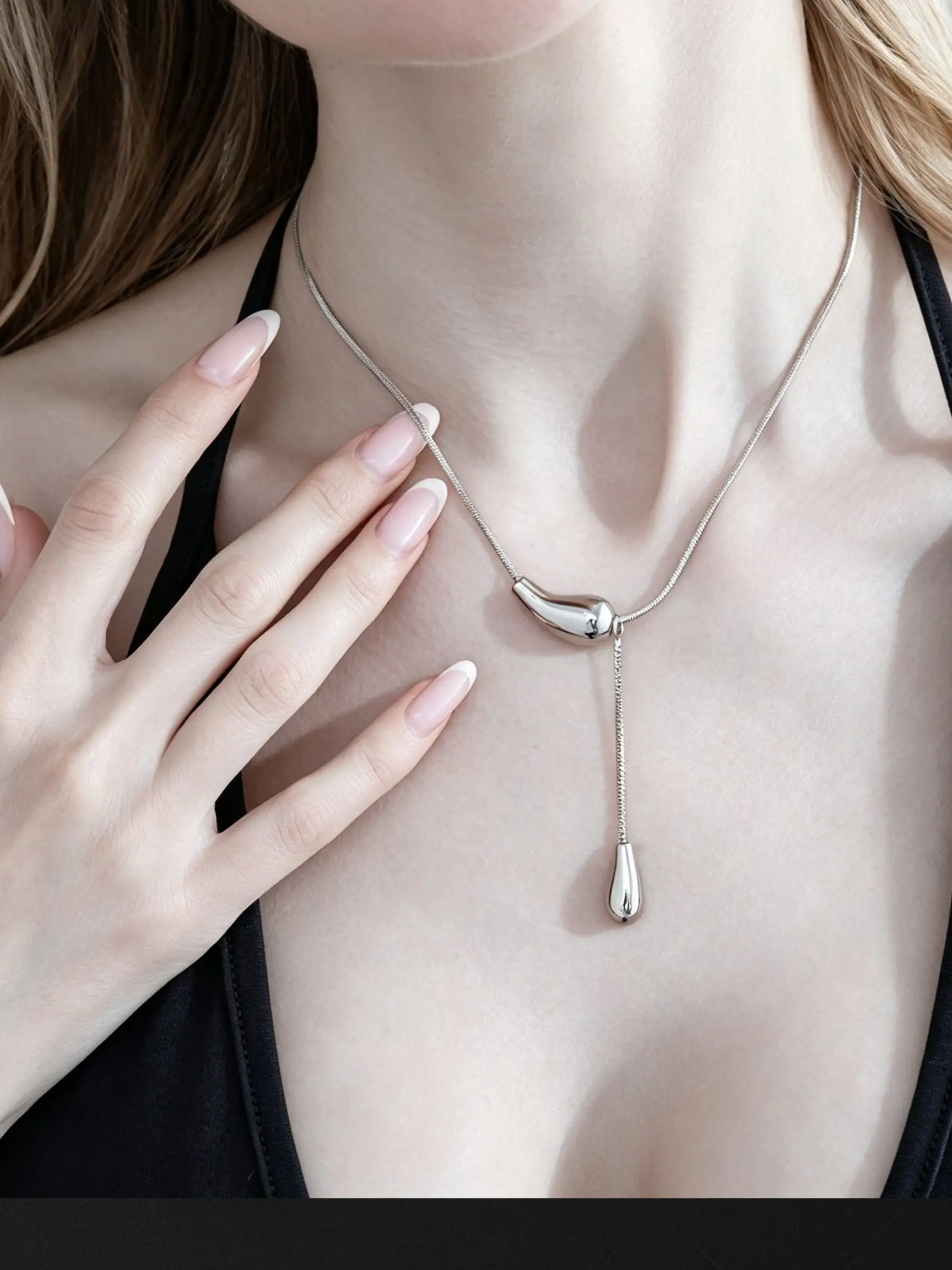 Women Minimalist Teardrop Y Shape Lariat Necklace, Adjustable Snake Chain Geometric Pendant Fashion Jewelry Gift