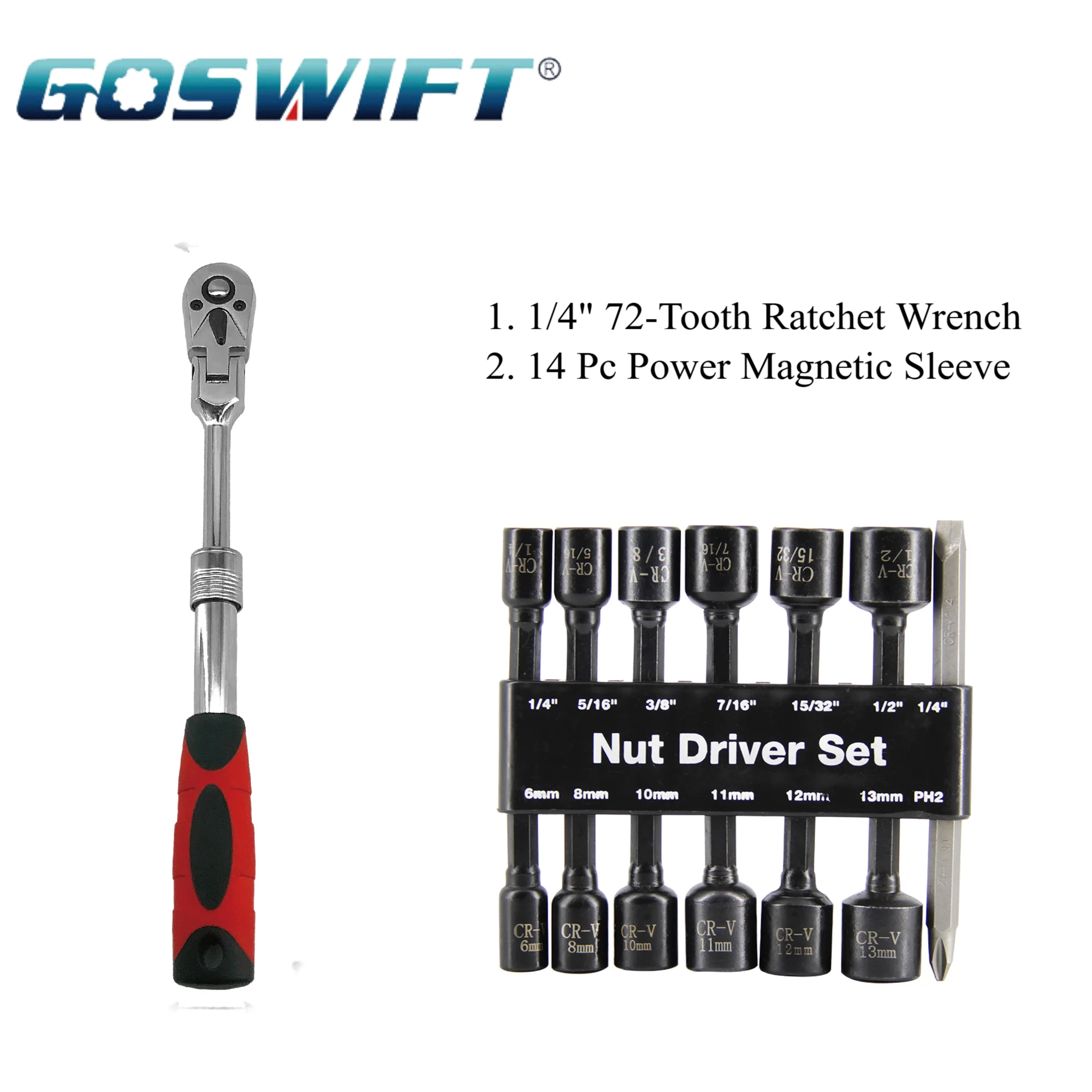 

1/4 inch Drive 72 Teeth Retract Wrench And 14 Pc Power Magnetic Nut Driver Drill Bit Set Metric & SAE Socket Wrench, 2PC