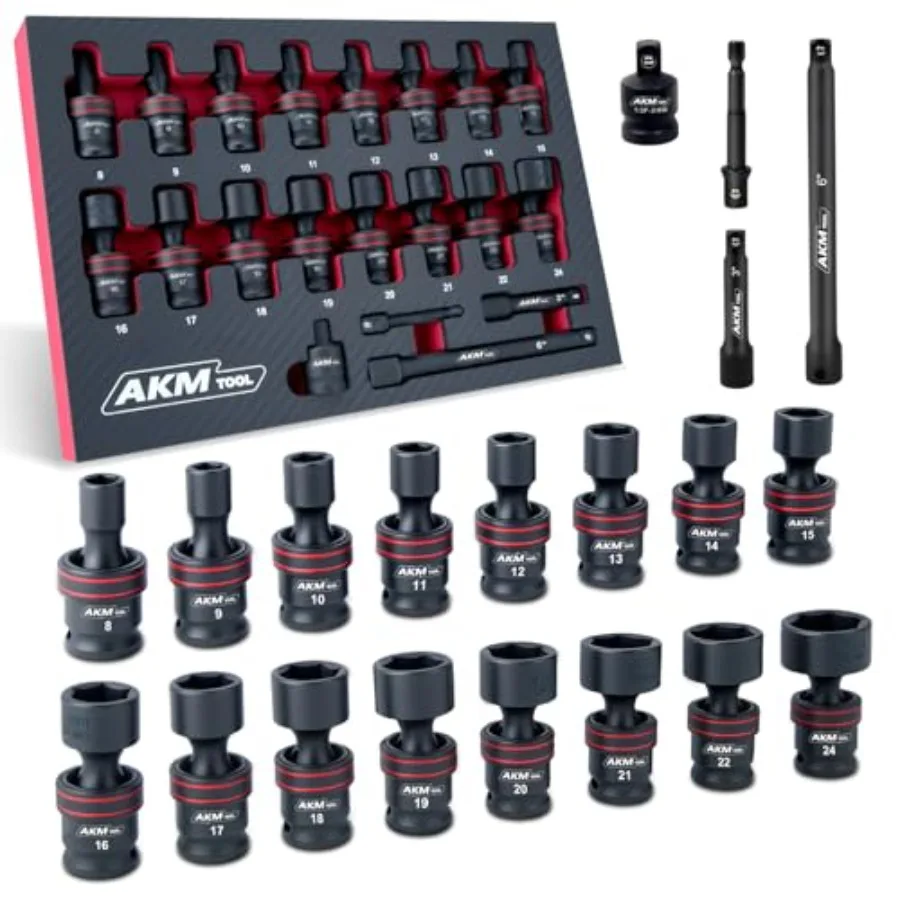 

3/8" Drive Universal Impact Socket Set 20 Piece Swivel Socket Set Universal Joint Socket 6-Point Metric 8-24mm Cr-Mo with Exten