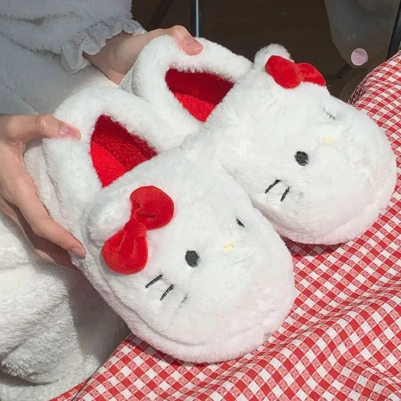 Fashion Sanrio Hello Kitty Plush Slipper Cartoon Kt Cat Warm Winter Indoor Slippers Flat Casual Non-Slip Girls Home Shoes Gift ﻿