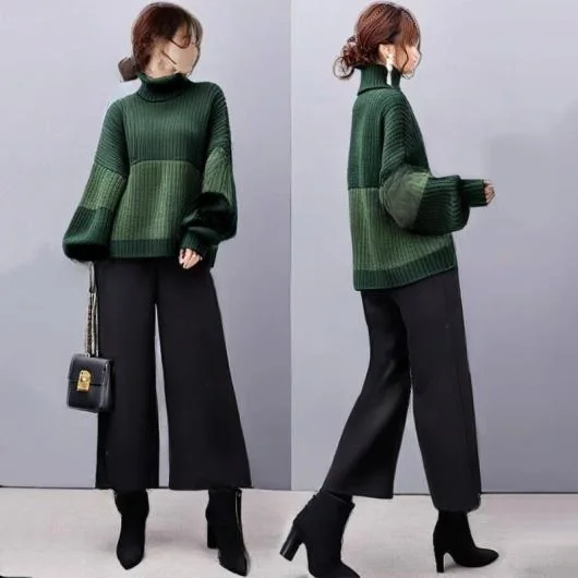 

Женский модный комплект из двух предметов: вязаный топ с высоким воротником и рукавами-фонариками, брюки с широкими штанинами (длиной 7/8), зимний шикарный деловой костюм из хлопка