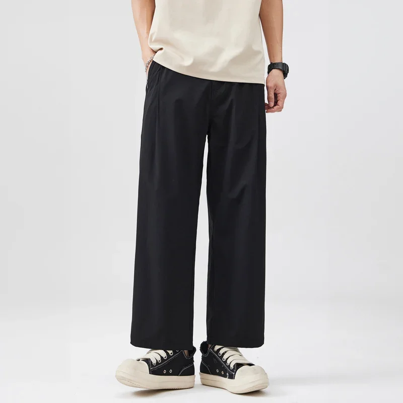 Man Straight Baggy Pants Trousers Men Lightweight Plus Size Elastic Waist Wide Leg Loose Casual Ankle-length Pant Short