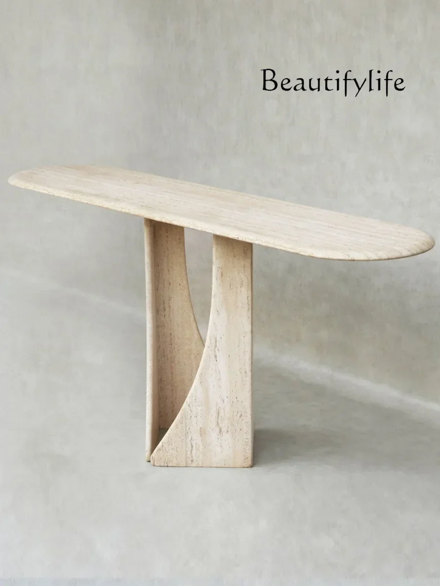 

1 Wabi Sand Wind Natural Travertine Entry Entrance Table Designer Minimalist Creative Marble Foyer Corridor End View Table