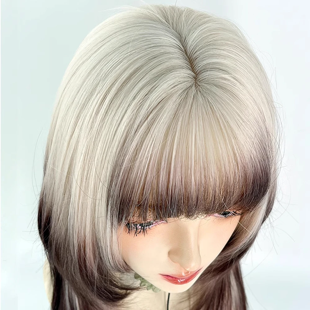 Synthetic Long Layered Ombre Beige Brown Hime cut Wig with Bangs Fluffy Women Lolita Cosplay Hair Wig for Daily Party