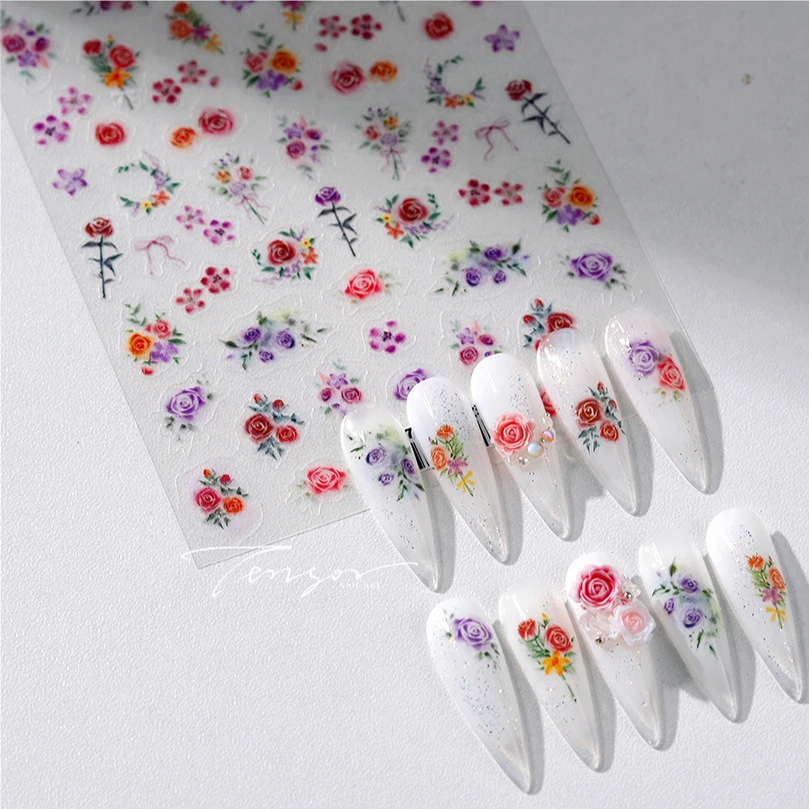 Rose Flower Garden Soft Embossment Adhesive Nail Art Stickers Charming Rhinestone Manicure Decals Nail Supplies for Professional