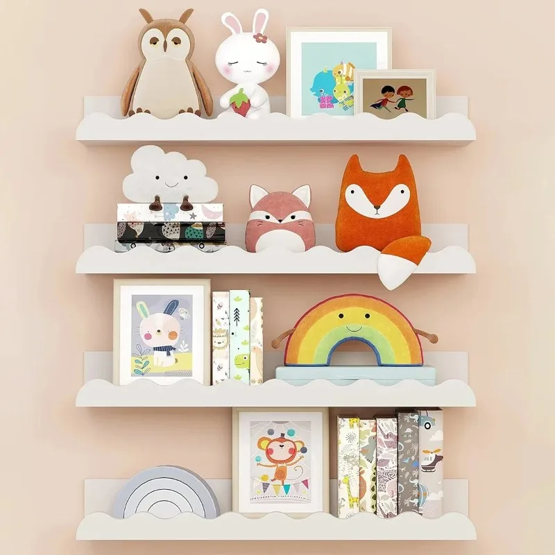 White Wavy Wooden Floating Shelf Bedroom Wall-Mounted Shelf Storage Wall Rack Home Toys Organizer Books Ledge Nursery Wall Decor