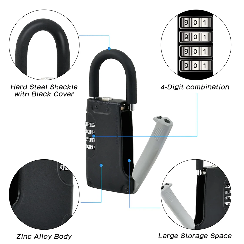 Padlock Key Lock Box Small Combination House-Outside Black Weatherproof 4 Digit Code Keys Safe Storage For Realtor Contractor