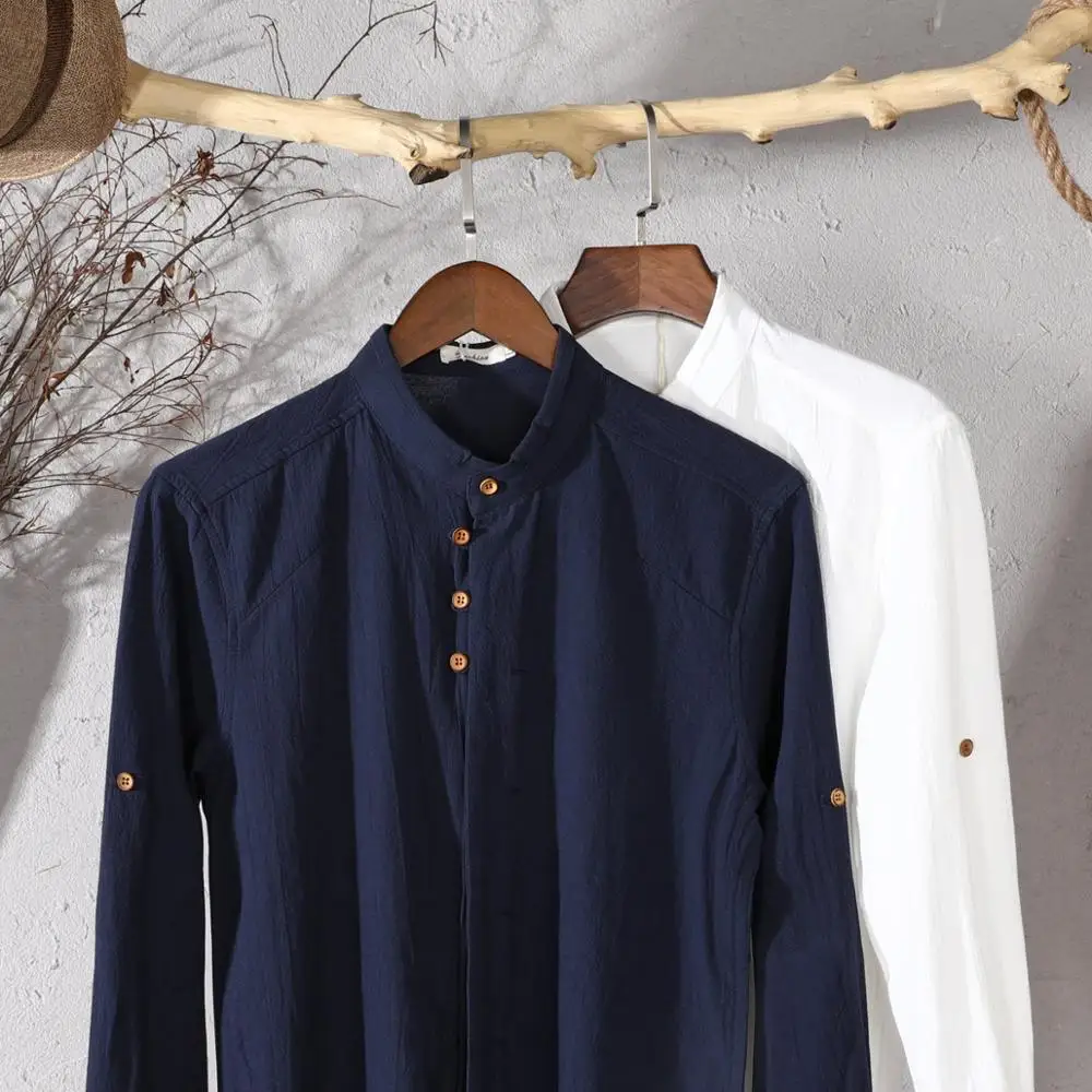 Men Spring Autumn Japan Vintage Style Cotton Linen Shirts Stand Collar Slim Fit Single Breasted Simple Design Soft Casual Shirt