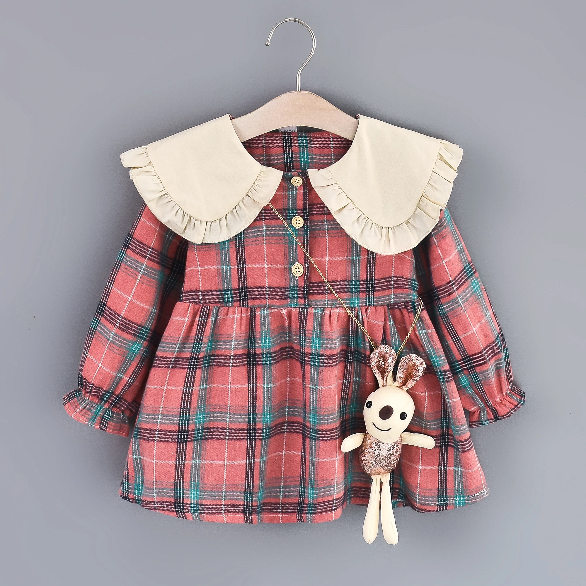 Girls\' Autumn New Long Sleeve Dress Children\'s Large Polo Neck Pleated Edge Plaid Princess Dress+Little Rabbit Jewelry Bag