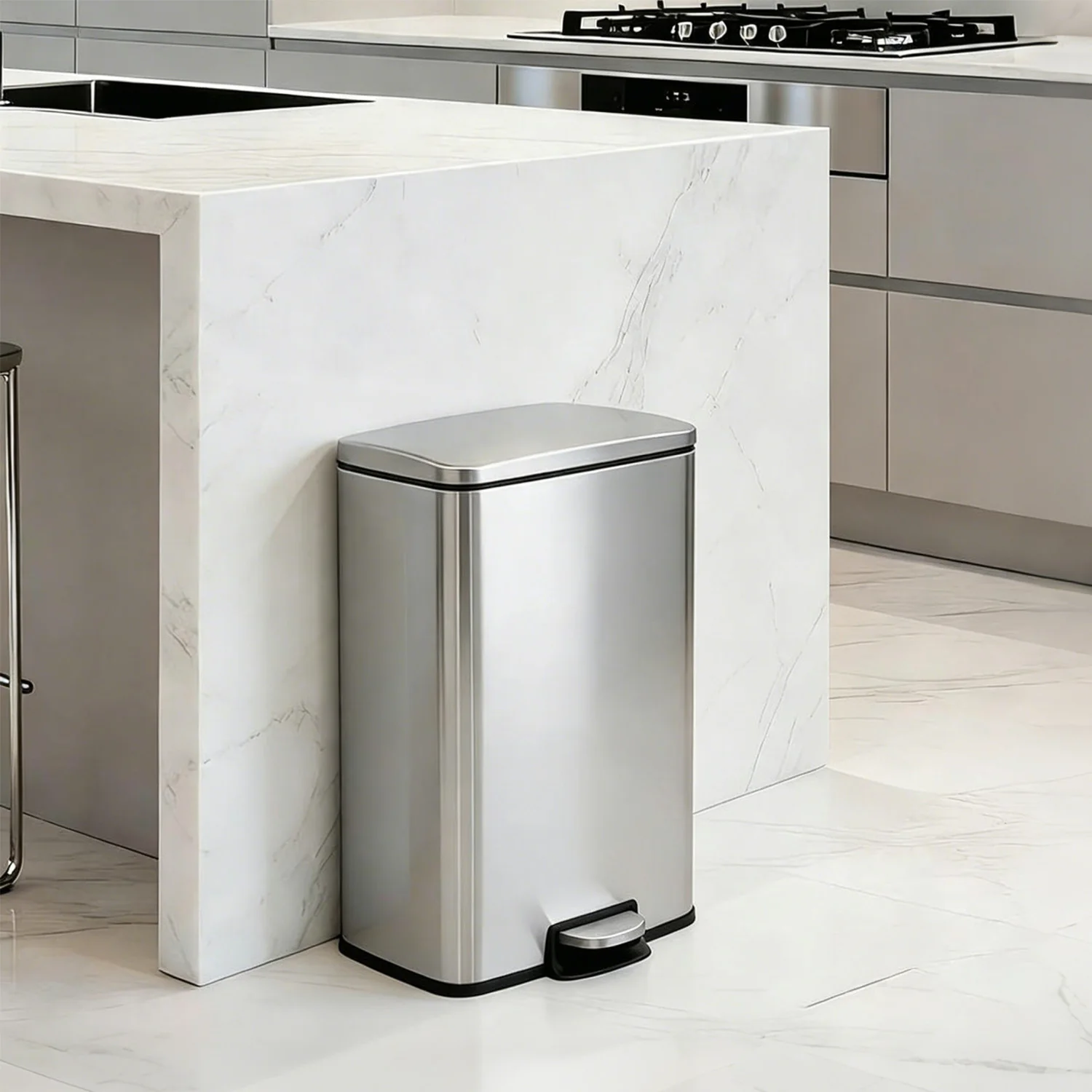 Fingerprint-Proof 13 Gal Pedal Trash Bin Stainless Steel Kitchen Wastebasket Removable Liner Quiet Lid For Office Garage