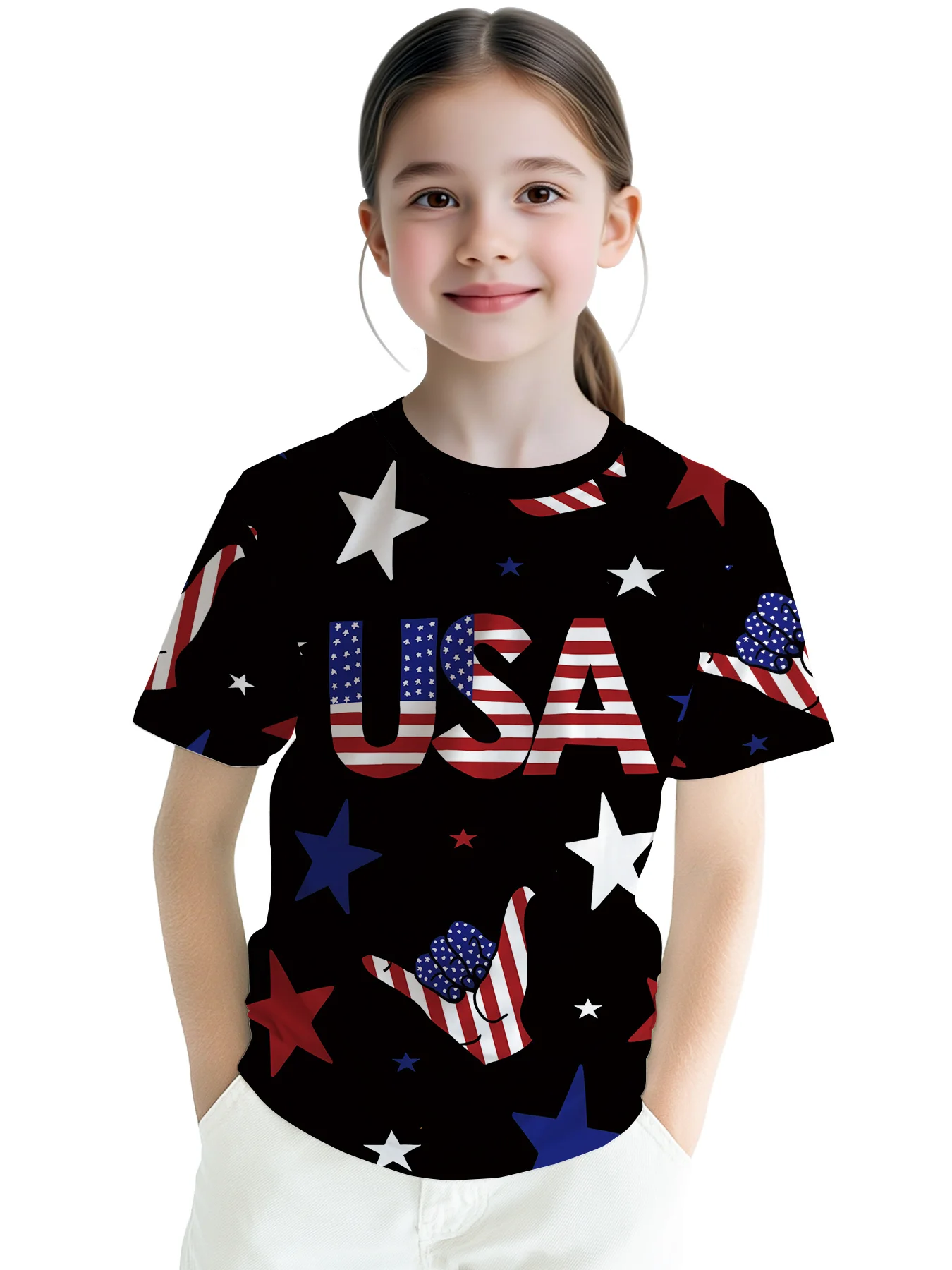 Girls Independence Day T-Shirt, Black Base with USA Letter & American Star Pattern Casual Kids Graphic Top