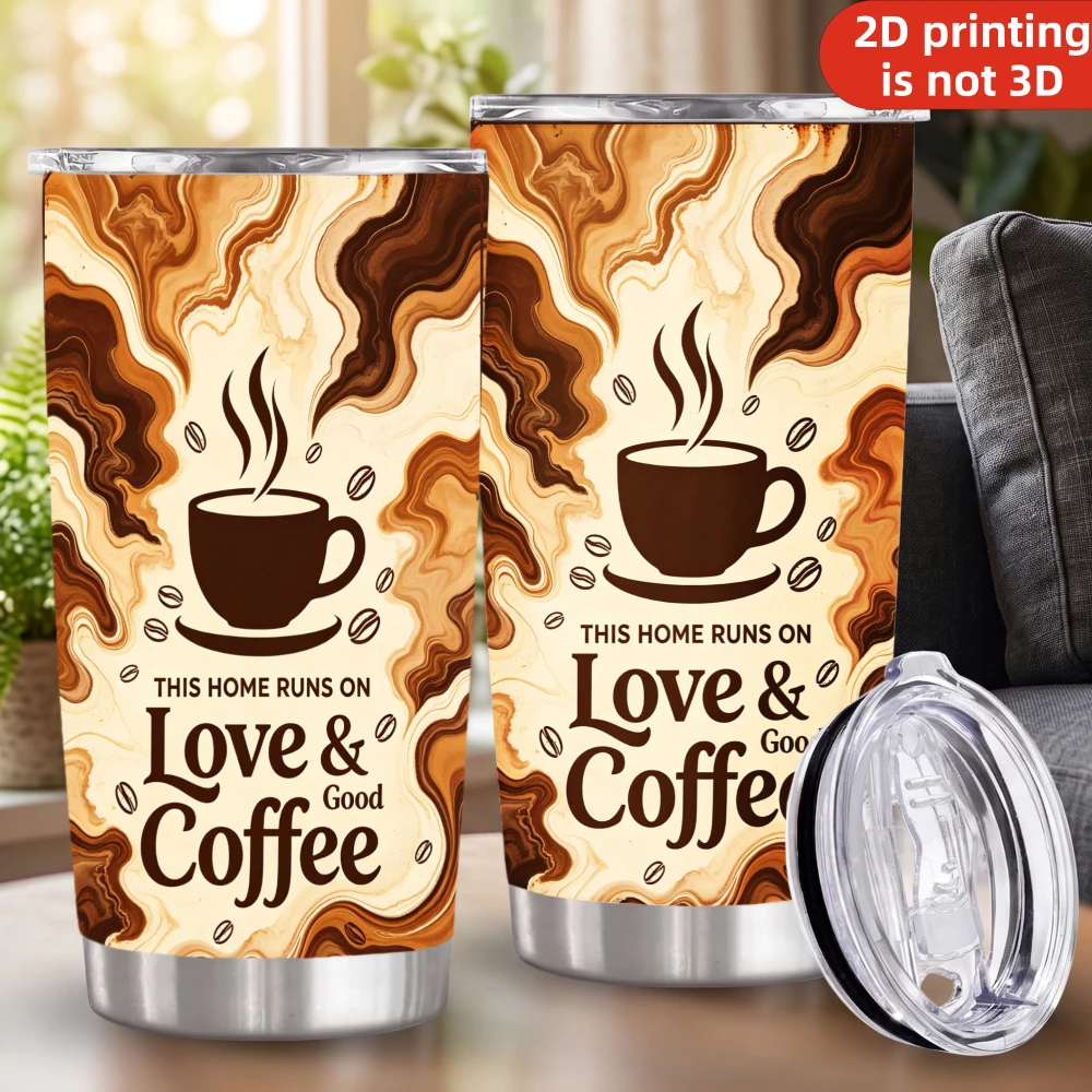 20oz This Home Runs On Love & Good Coffee Printed Stainless Steel Tumbler with Lid and Straw, Warm Coffee Swirl Marble Art Vacuum Insulated Travel Coffee Mug Gifts for Coffee Lovers