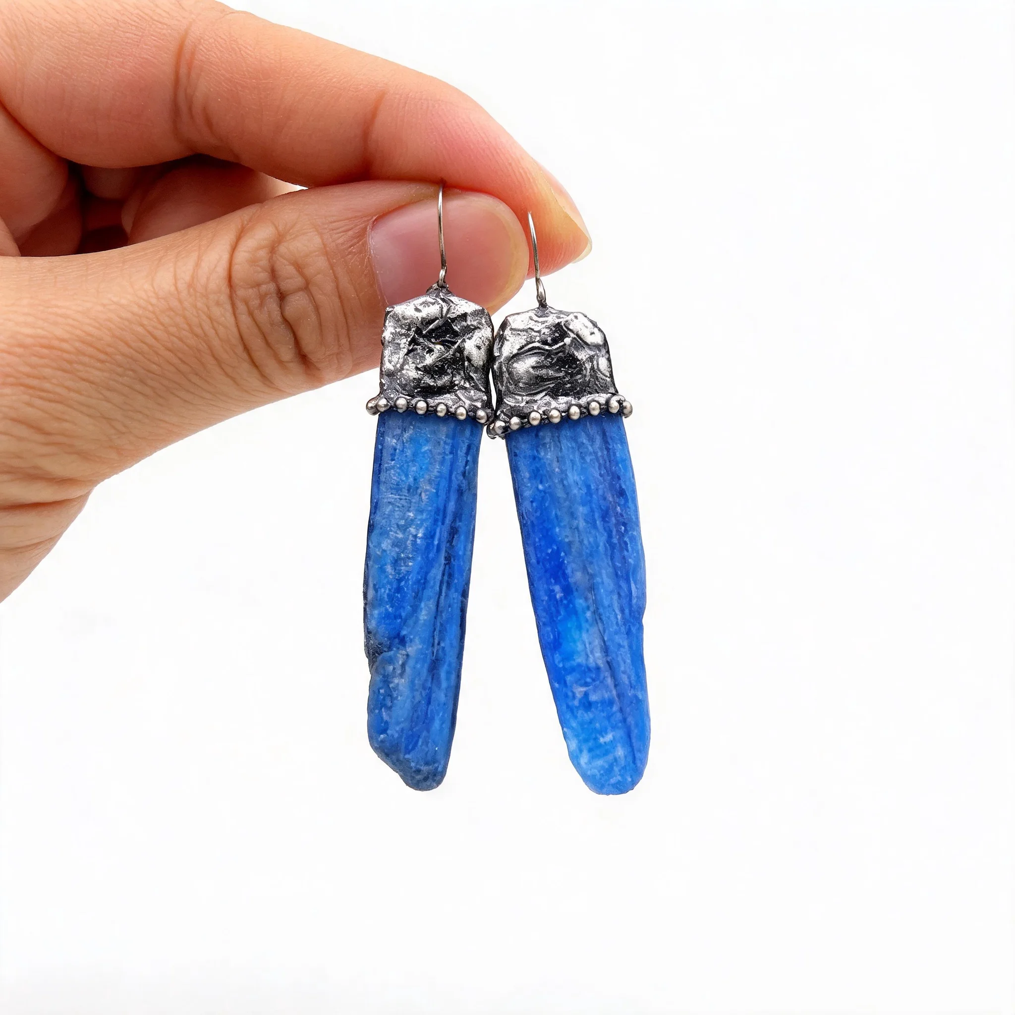 Blue Kyanite Chip Pendant 65mm Freeform Nugget Charm Antique Silver Plated Solder Bezel Dot Edge Handmade Ethnic Connector for J