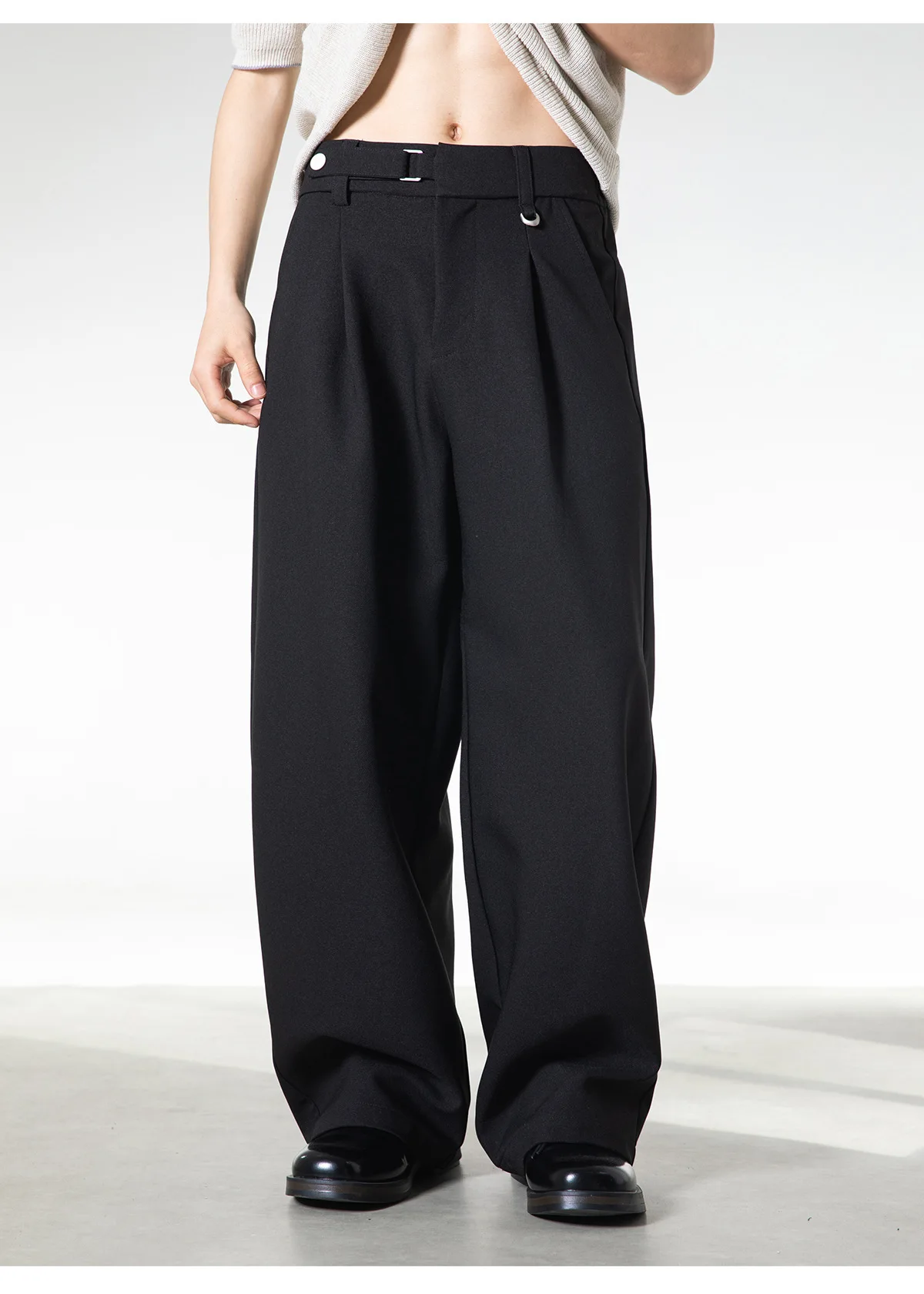 Retro Drape Trousers Men Adjustable Waist Casual Trousers Pleated Breathable Soft Straight-Leg Long Trousers