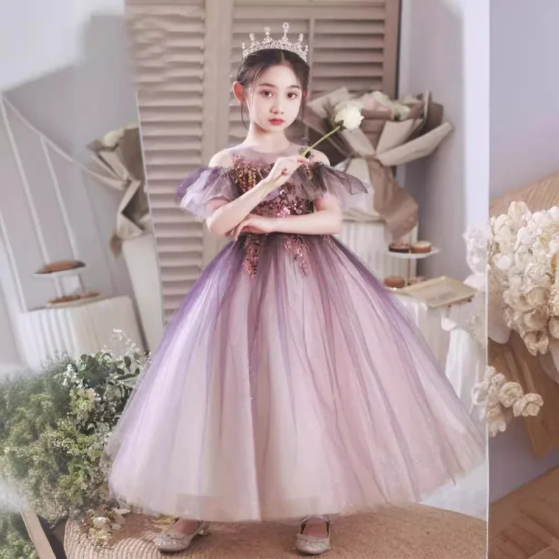 Purple Princess Dress for Girls Costume for Piano Performance Tulle Tutu Children's Dress Little Girl Catwalk Flower Girl Birthd