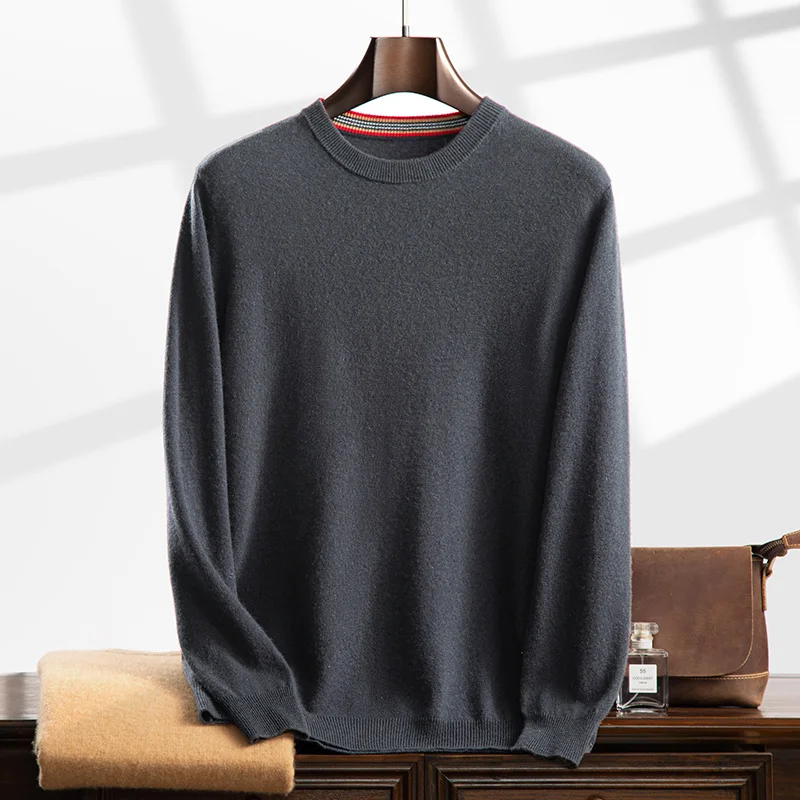 Pure color autumn and winter new 100% cashmere men's o collar sweater loose pullover warm knit solid color long sleeve top