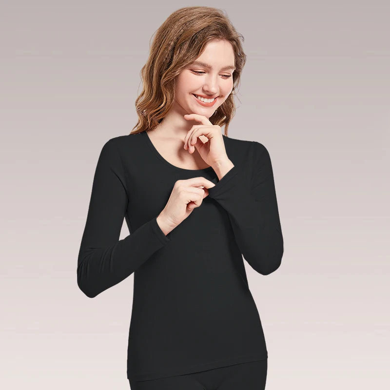 2PCS Ropa interior térmica para mujer, nuevo estilo 2023. Otoño - top térmico de cuello redondo de invierno para mujer, hecho de algodón fino - lana b