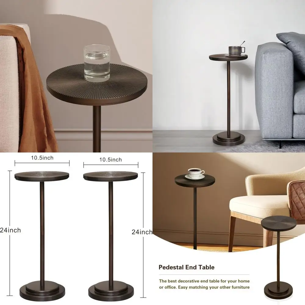 

Pair of Small Round Carved Top Pedestal Side Tables for Living Room, Bedroom, and Office in Brown