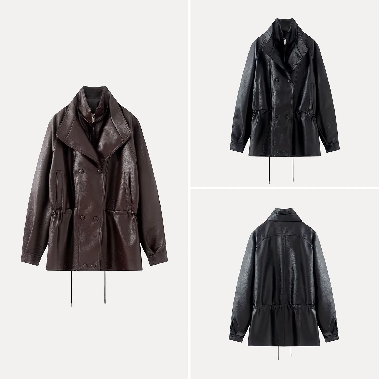 Women's Casual Style Double Layer Collar Drawstring Waist in Mid-Length Double Row Button Stand Collar Jacket Summer New Arrival