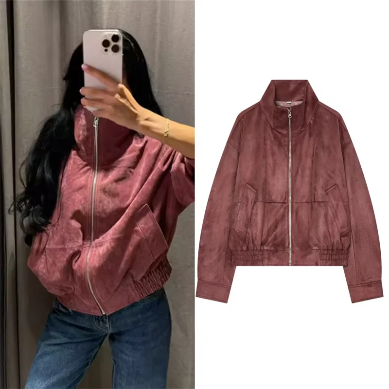 Guobioziy Women's Jacket 2026 Fall New Wine Red Long-Sleeve Stand Collar Faux Leather Loose Fit Parka Coat Trendy Fashion