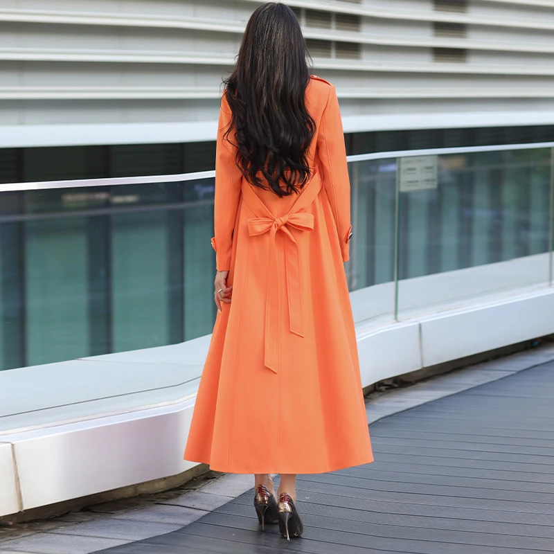 Orange-roter langer Mantel für Damen, zweireihiger Trenchcoat mit Anzugkragen, hochwertige, elegante Slim-Fit-Windjacke, schick und vielseitig