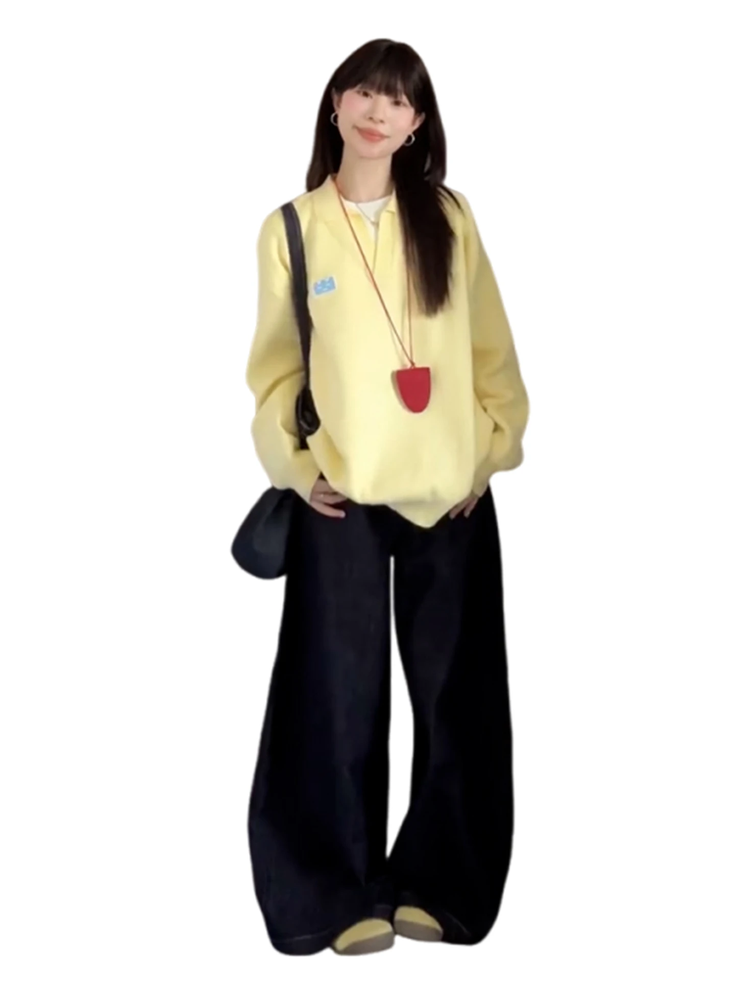 Korean Sle  Collar Embroidered Knitted Sweater Soft Cozy Lazy Yellow Autumn Winter New Arrival Loose Fit Warmth Fem ...