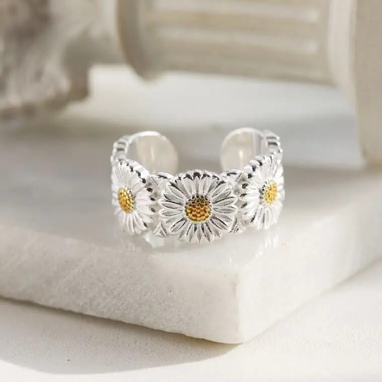 New Simple Small Daisy 925 Sterling Silver Female Temperament Sunflower Personality Flower Opening Rings  TYB243