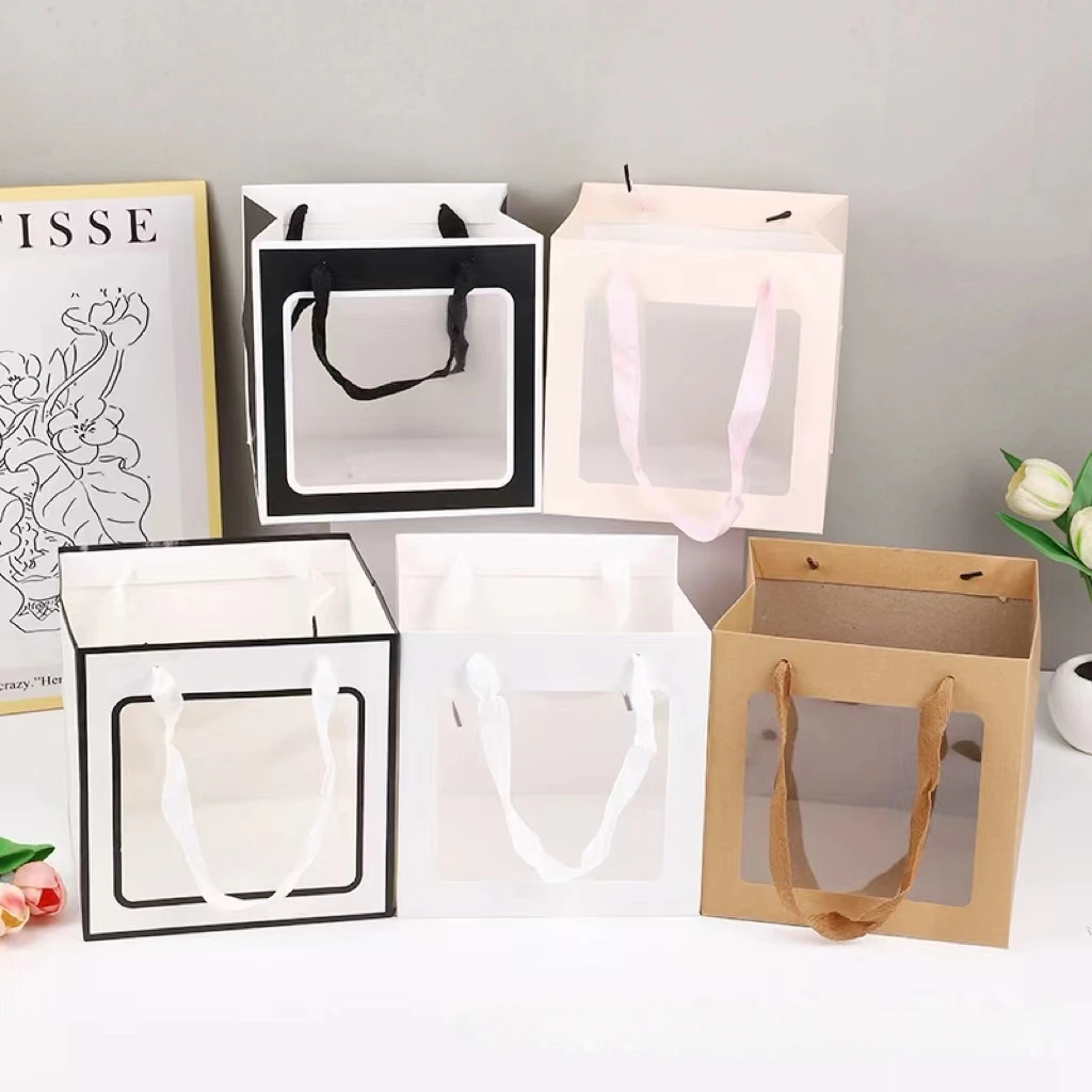 Creative Flower Tote Bag Portable Foldable Gift Box with Transparent Window Present Packing Boxes Wedding Birthday Gift Bag