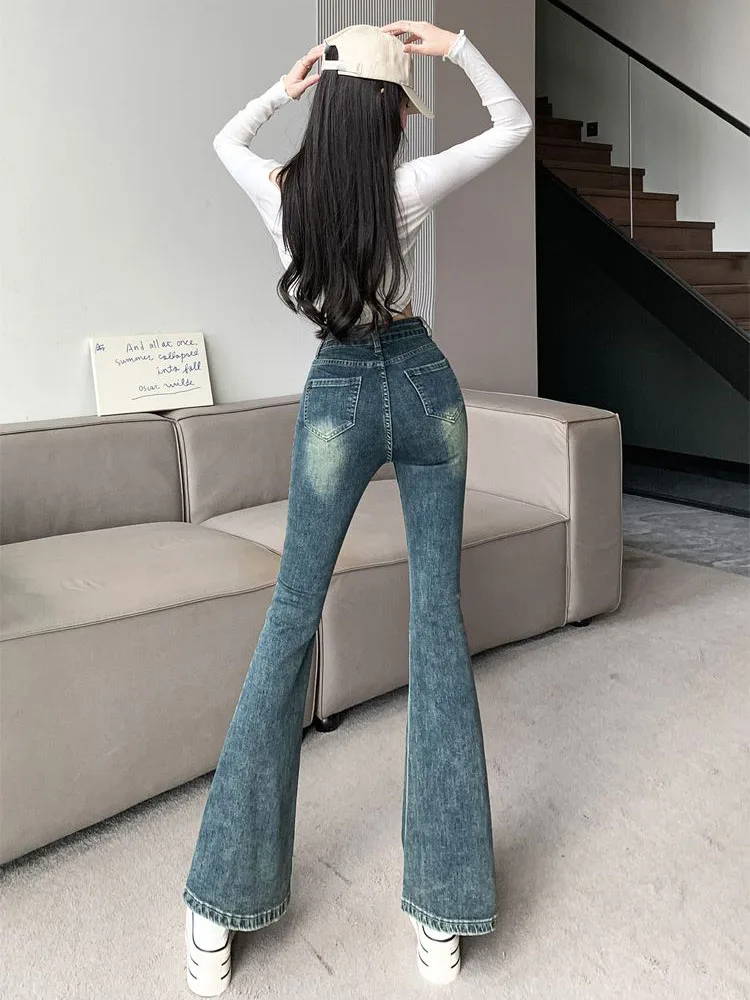 ヴィンテージ漂白ブーツカットパンツ女性のカジュアルハイウエストファッションデニムパンツストリートレトロワイドレッグストレートスリム Vaqueros