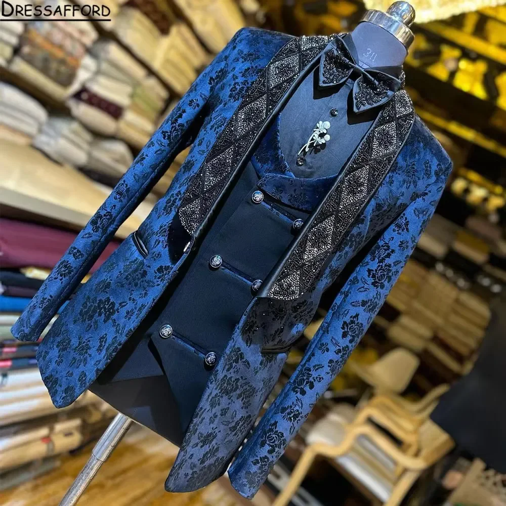 Navy Blue Floral Jacquard Suits Men For Wedding 3 Pieces Jacket Vest Pants Crystal Beaded Groom Tuxedo Formal Business Banquet