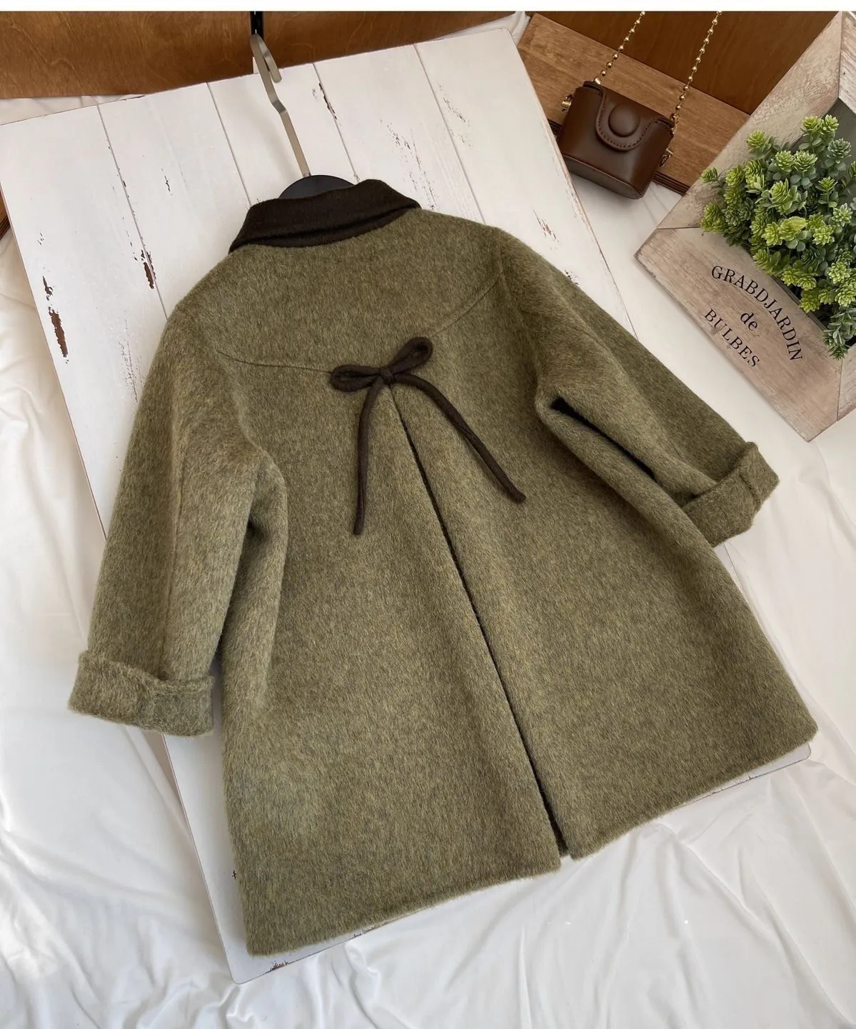 90-160 سنتيمتر الفتيات معطف الصوف الخريف/الشتاء جديد للأطفال الرجعية الأخضر طوق مزدوجة الوجهين المنسوجة القوس معطف