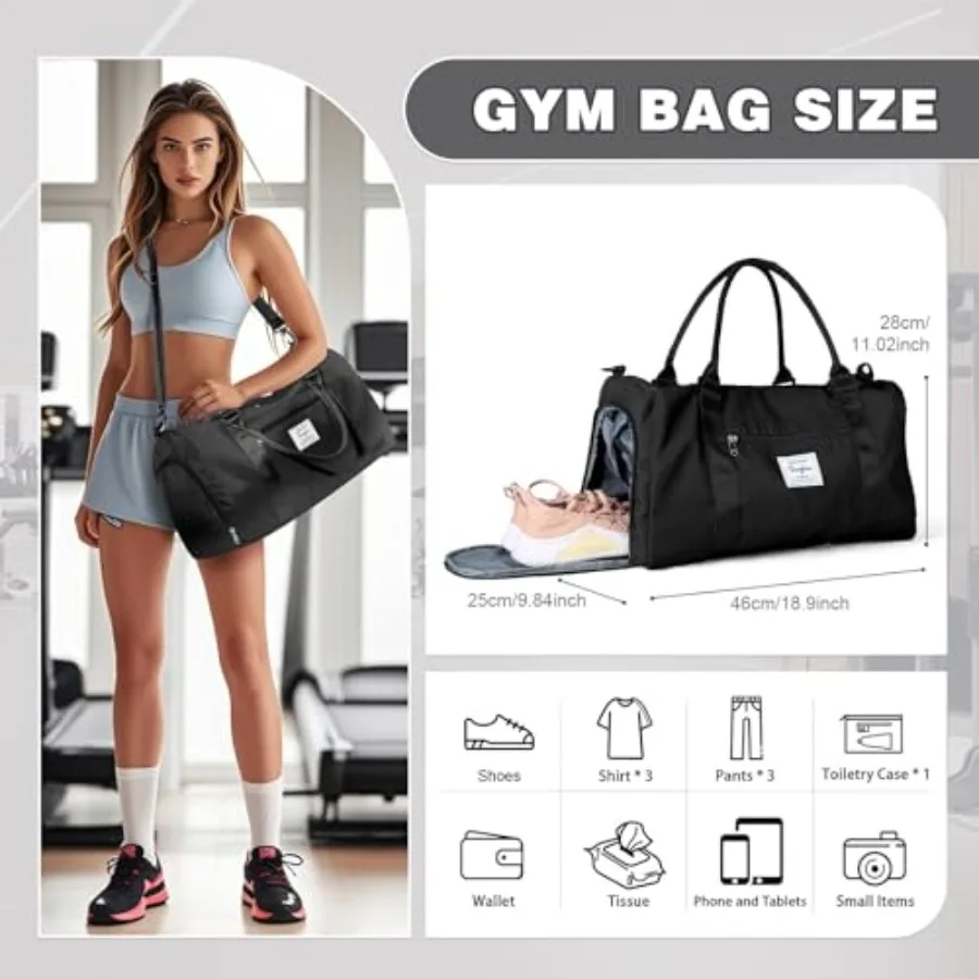 Small Black Sports Gym Duffel Bags for Women Men, Travel Totes Bag Cute Weekender bag with Wet Pocket and Shoe Compartment for view 3